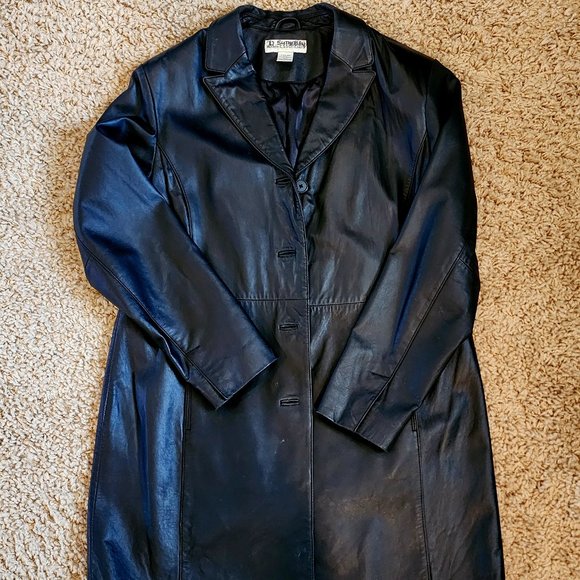 Modern Essentials Black Lambskin Leather Button Front Mid Length Coat Jacket XL - Picture 3 of 10